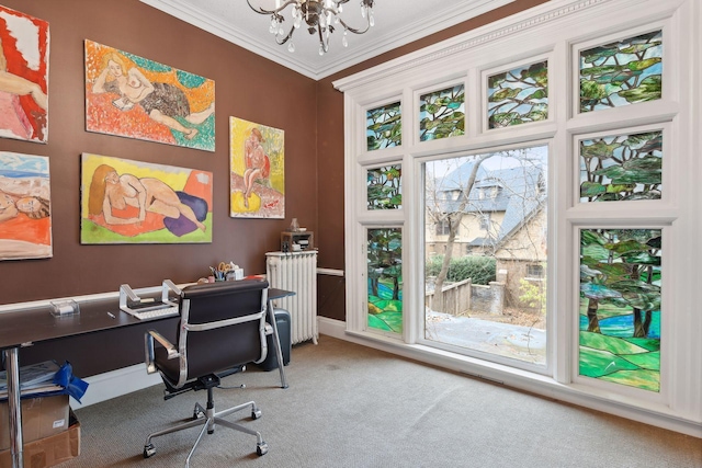 office area with a chandelier, carpet, and crown molding