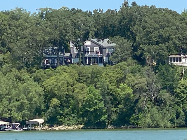 drone / aerial view with a wooded view and a water view