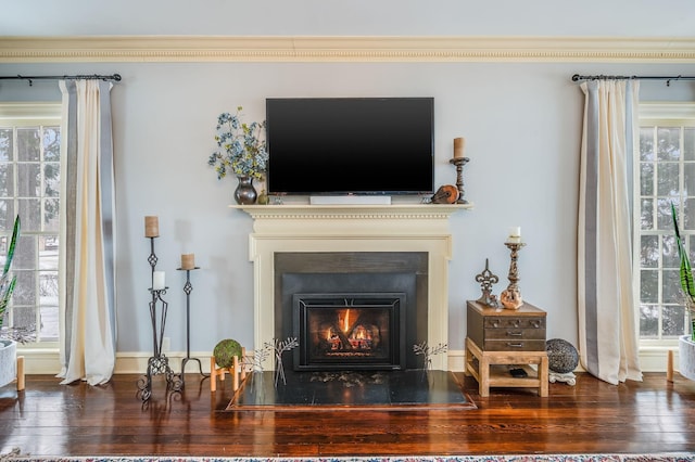 interior details with a fireplace with flush hearth, wood finished floors, and ornamental molding