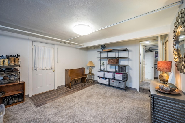 finished basement with a textured ceiling and carpet flooring