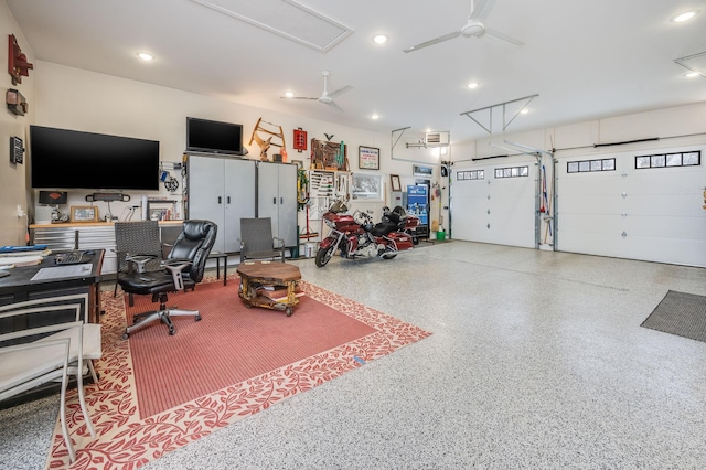 garage with recessed lighting and ceiling fan