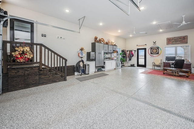 garage with recessed lighting and a ceiling fan