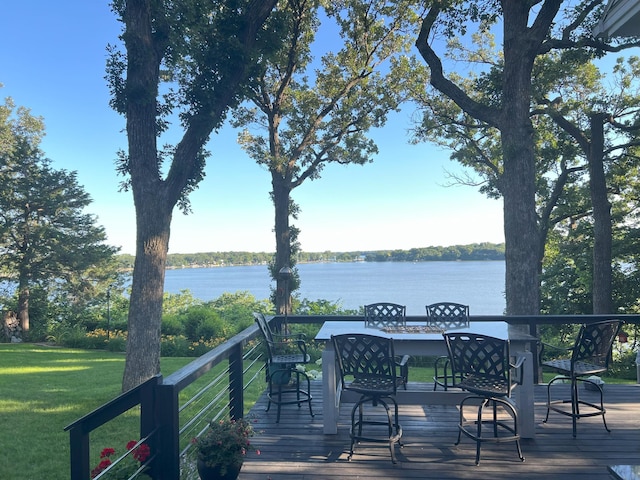 wooden deck featuring a lawn and a water view