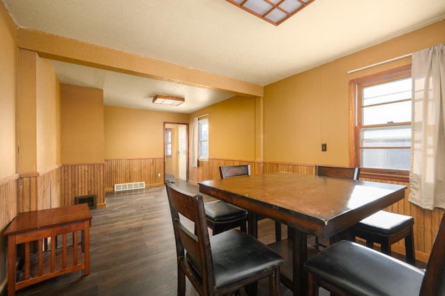 dining room with wooden walls, dark hardwood / wood-style floors, and a healthy amount of sunlight