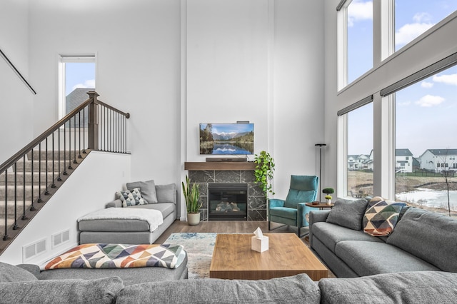 living room featuring a wealth of natural light, a fireplace, and wood-type flooring