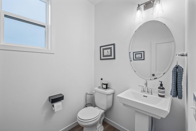 bathroom with hardwood / wood-style flooring, sink, and toilet