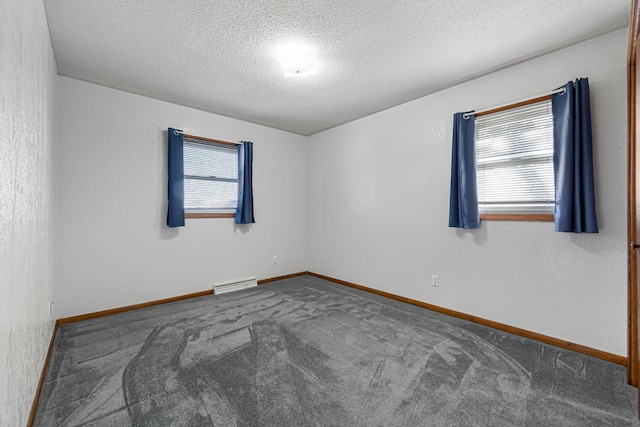 unfurnished room with carpet flooring, a healthy amount of sunlight, and a textured ceiling