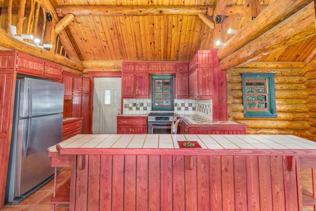 kitchen featuring tile countertops, backsplash, stainless steel appliances, and wooden ceiling