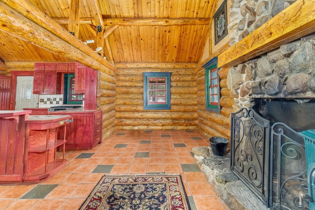 tiled living room with beamed ceiling, wooden ceiling, and log walls