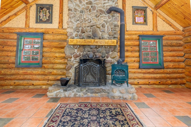 tiled living room featuring beamed ceiling, high vaulted ceiling, wood ceiling, and log walls