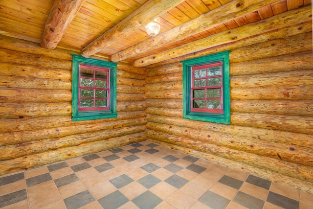 unfurnished room with beam ceiling, wood ceiling, and rustic walls