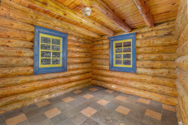 spare room with beamed ceiling, wooden ceiling, and rustic walls