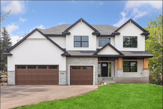 modern farmhouse with a garage and a front lawn