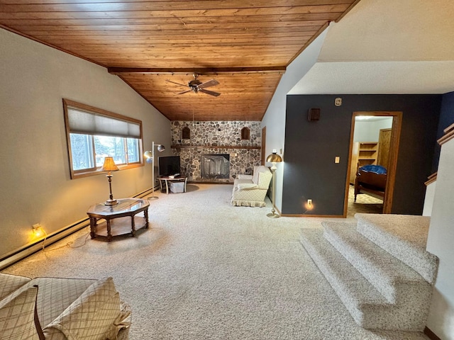 living room featuring carpet, ceiling fan, wooden ceiling, a stone fireplace, and lofted ceiling