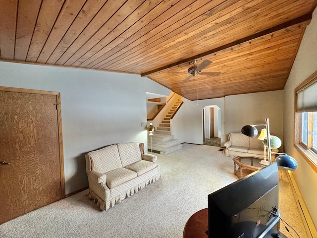 interior space featuring carpet, vaulted ceiling with beams, ceiling fan, and wood ceiling