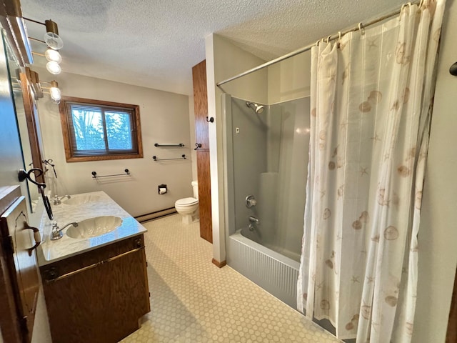 full bathroom featuring vanity, a baseboard heating unit, toilet, a textured ceiling, and shower / tub combo with curtain