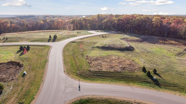 birds eye view of property featuring a wooded view