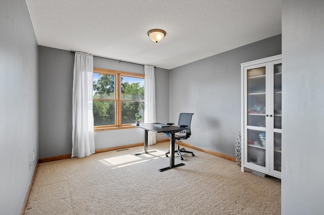 office space featuring carpet floors and a textured ceiling