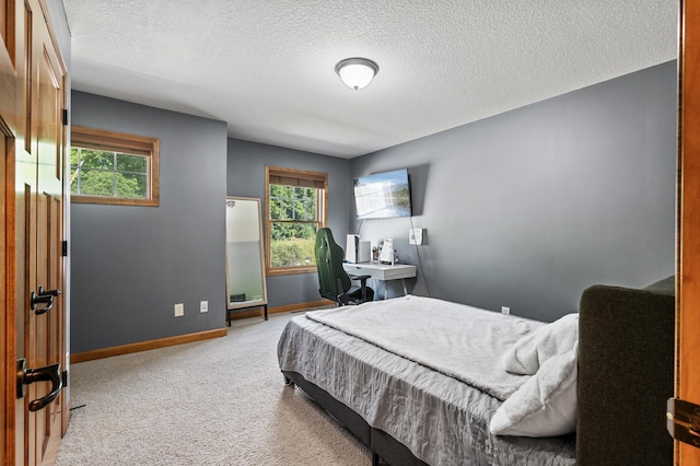 carpeted bedroom featuring multiple windows and a textured ceiling