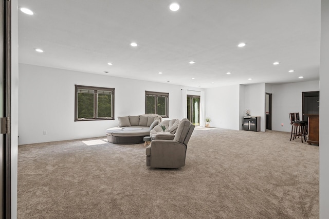 living room featuring light colored carpet