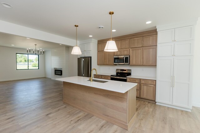 102 3rd Ave, Pelican Rapids, MN 56572 - kitchen featuring stainless steel appliances, light wood-type flooring, light countertops, a chandelier, and hanging light fixtures