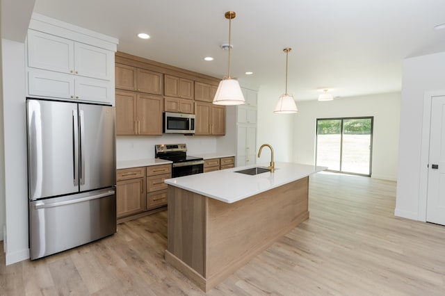 102 3rd Ave, Pelican Rapids, MN 56572 - kitchen featuring stainless steel appliances, light wood-type flooring, recessed lighting, light countertops, and decorative light fixtures