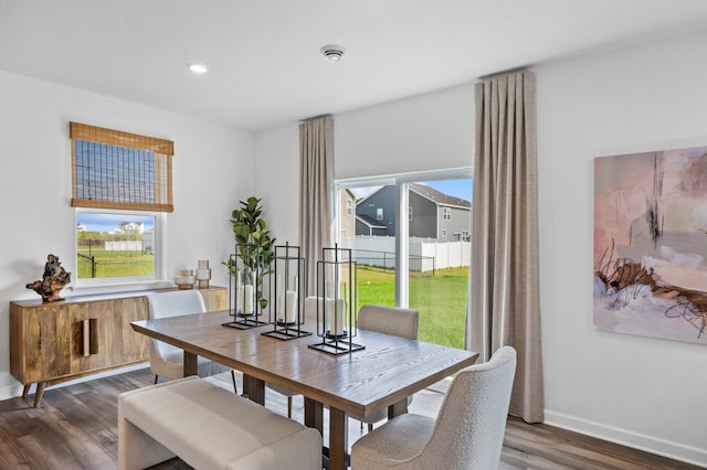 dining space featuring dark wood-type flooring