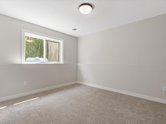 spare room featuring carpet, baseboards, and a textured ceiling