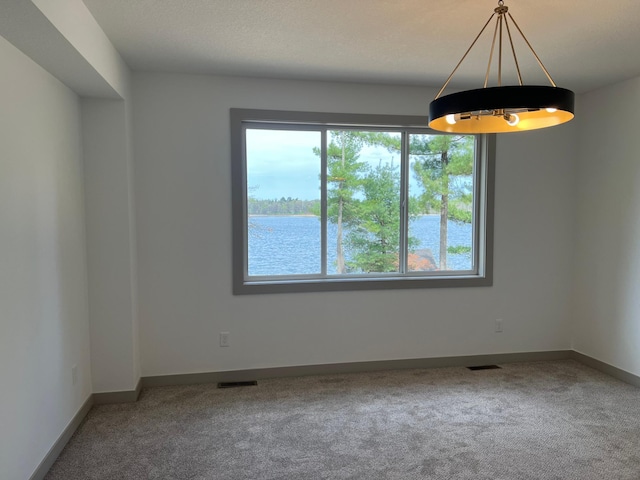 carpeted spare room with baseboards and a water view