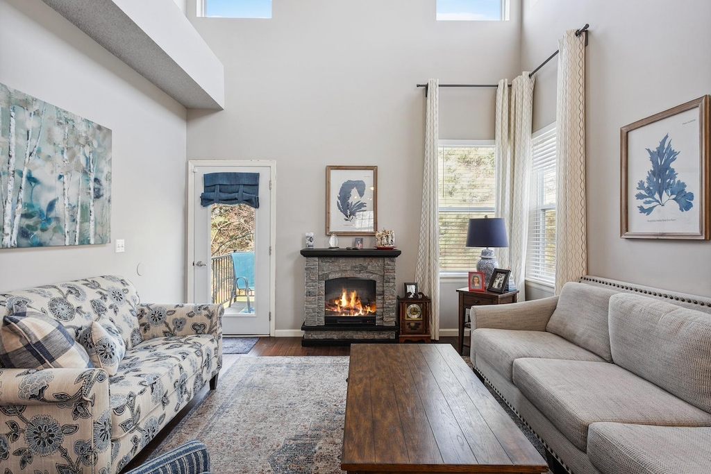 living room with dark hardwood / wood-style flooring, a towering ceiling, and a fireplace