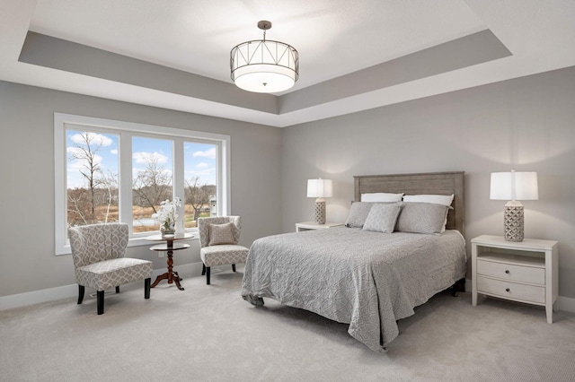 carpeted bedroom with a raised ceiling