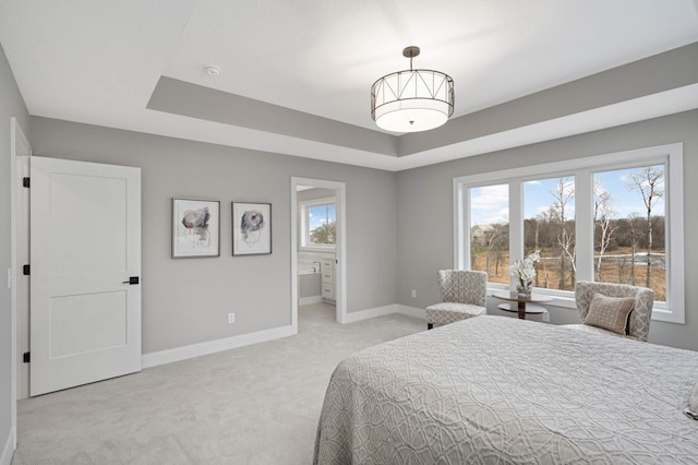 bedroom featuring a raised ceiling, connected bathroom, and light colored carpet