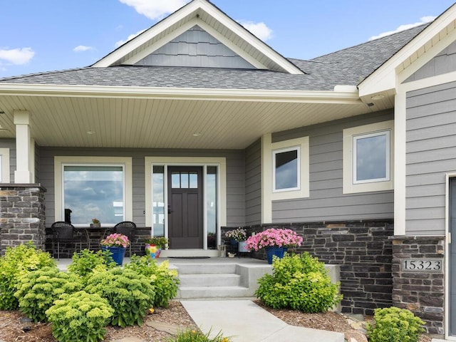 view of exterior entry featuring a porch