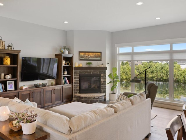 living room with a fireplace and light wood-type flooring