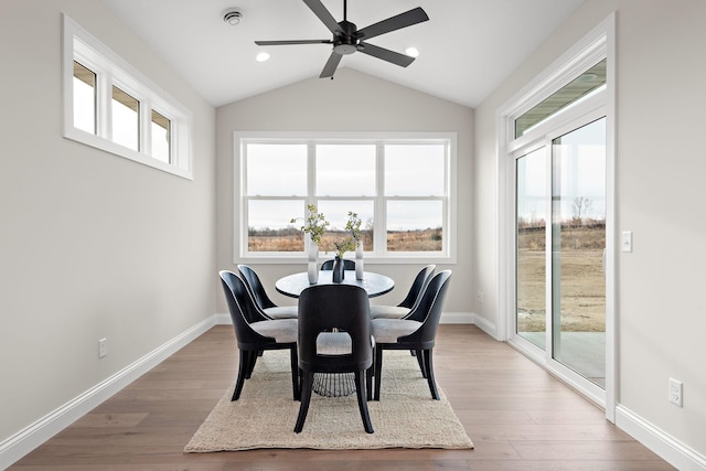 dining area with light hardwood / wood-style flooring, vaulted ceiling, and plenty of natural light