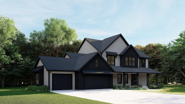 modern farmhouse featuring a front yard, a porch, and a garage