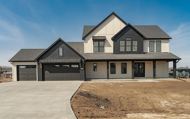 modern farmhouse style home with board and batten siding, a shingled roof, concrete driveway, covered porch, and an attached garage