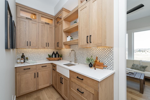 kitchen with open shelves, light wood-style flooring, a sink, light countertops, and backsplash