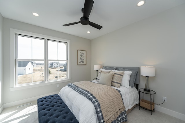 bedroom featuring visible vents, recessed lighting, carpet flooring, baseboards, and ceiling fan