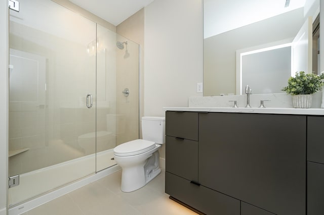 bathroom featuring tile patterned flooring, a shower stall, toilet, and vanity