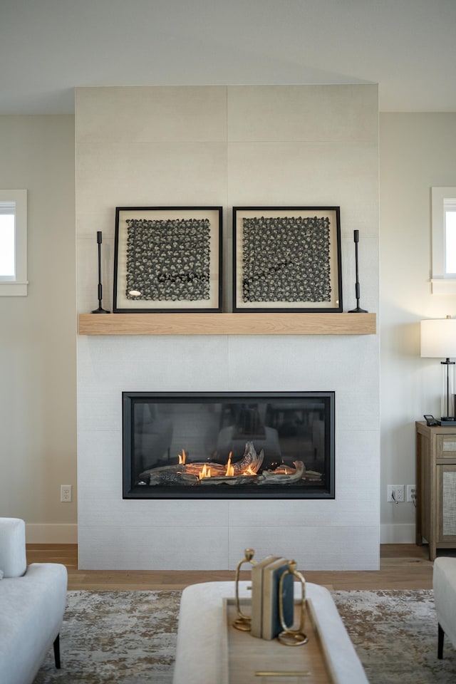 details with a fireplace, baseboards, and wood finished floors