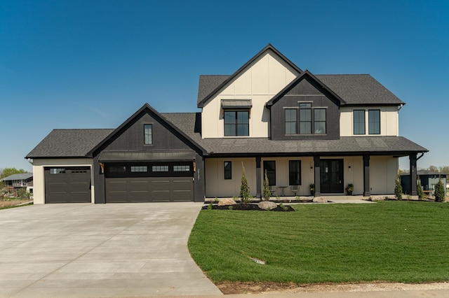 2727 Mayo Prairie Ln SW, Rochester Twp, MN 55902 - modern farmhouse with concrete driveway, a porch, a front lawn, a garage, and roof with shingles