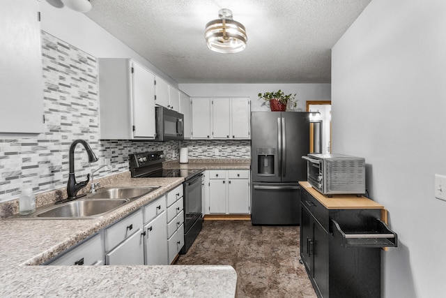 kitchen with white cabinetry, sink, a textured ceiling, decorative backsplash, and black appliances