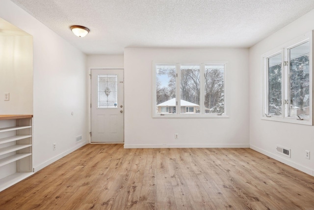 foyer with a textured ceiling, a healthy amount of sunlight, and light hardwood / wood-style flooring