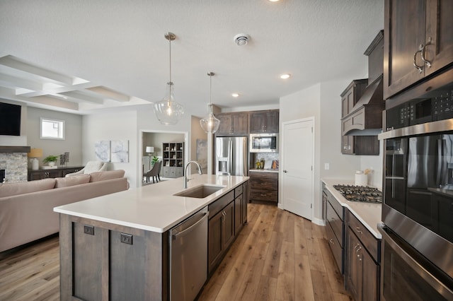 kitchen with sink, stainless steel appliances, light hardwood / wood-style flooring, premium range hood, and a kitchen island with sink