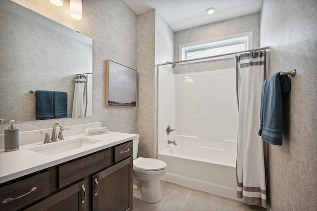 full bathroom featuring toilet, vanity, shower / bath combination with curtain, and hardwood / wood-style flooring