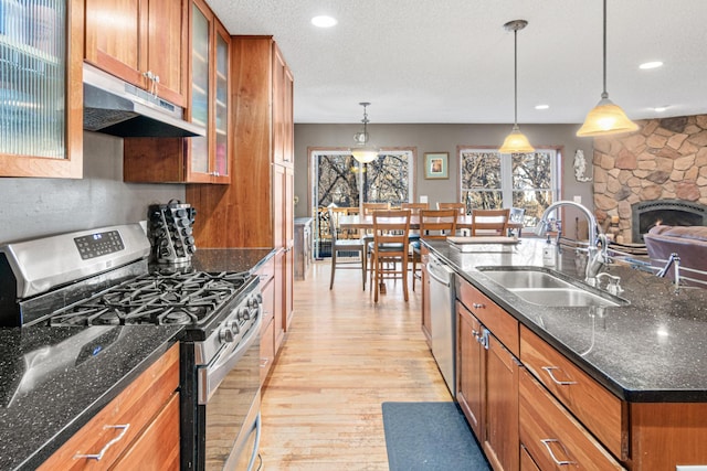 kitchen with appliances with stainless steel finishes, a stone fireplace, hanging light fixtures, and sink