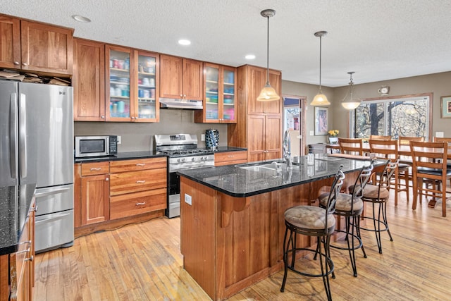 kitchen with a center island with sink, hanging light fixtures, sink, dark stone countertops, and appliances with stainless steel finishes