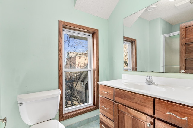 bathroom featuring an enclosed shower, vanity, a textured ceiling, vaulted ceiling, and toilet