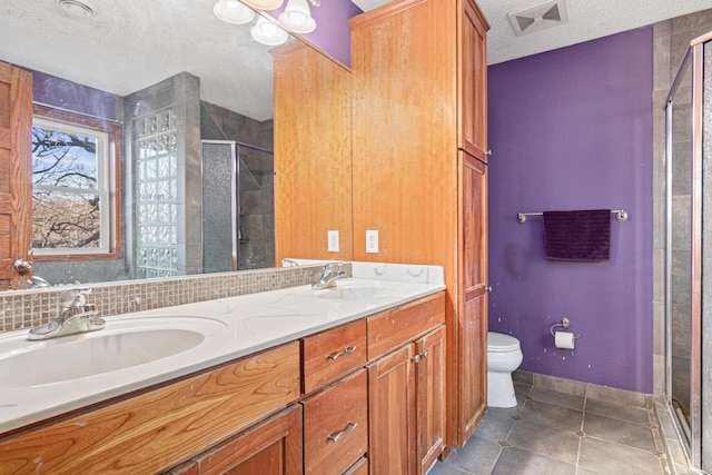 bathroom featuring vanity, a textured ceiling, toilet, and an enclosed shower